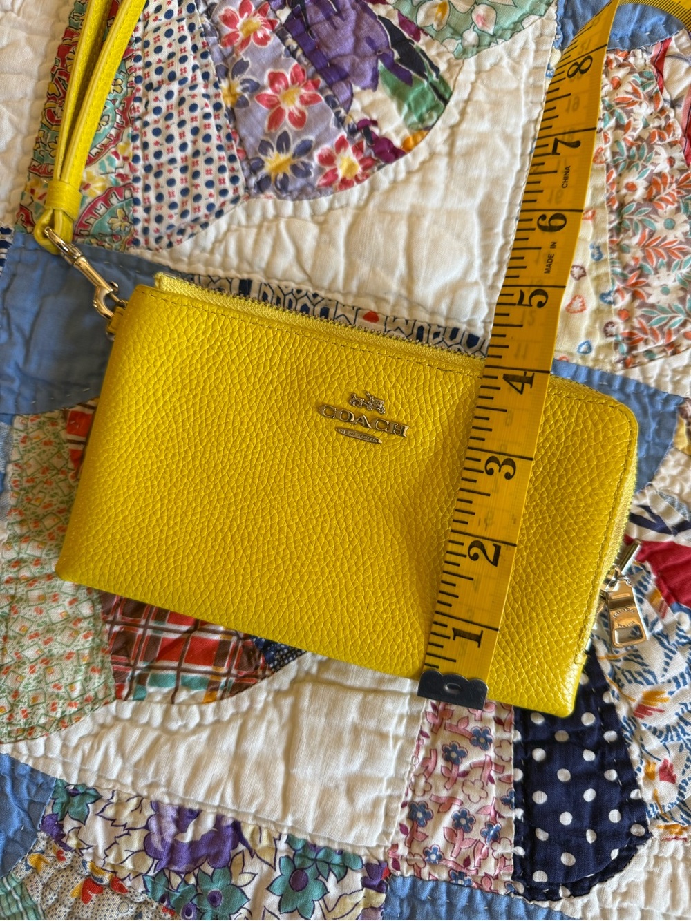 Coach Yellow Pebbled Leather Wristlet with Gold-Tone Logo - Picture 8 of 8